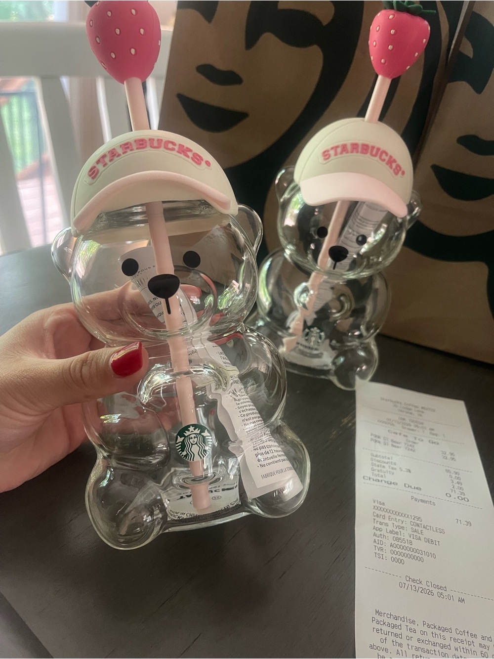 Starbucks Clear Bear Tumbler with Pink Strawberry Straw